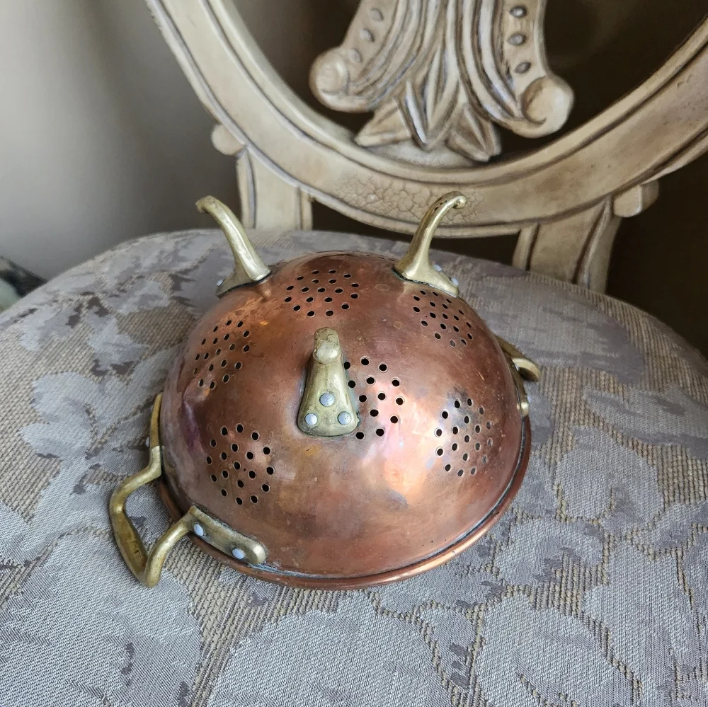 Antique copper colander with Brass Feet & Handles